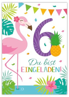 Junaversum 12 Einladungskarten zum 6. Kindergeburtstag Mädchen Flamingo Einladungen sechste Geburtstag Kinder