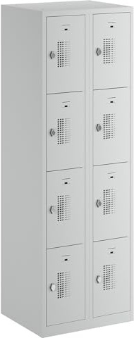 eurokraft Basic | 4er-Schließfachschrank | 2 Abteile, lichtgrau, B 600 mm, 8 Fächer, Drehriegel