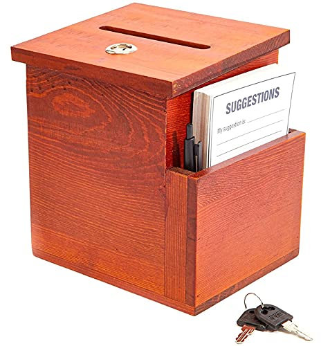 Juvale Vorschlagsbox aus Holz mit Schloss, Kummerkasten, Wahlurne, Inklusive 50 Vorschlagskarten und Stift, Braun