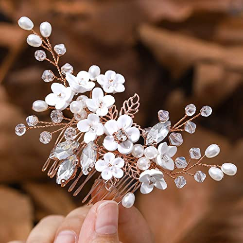 IYOU Pettinino da Sposa Principesco Copricapo Oro Rosa Fiorellini Brillantini e Perline Accessori per capelli Matrimonio Comunione per Ragazze e Donne