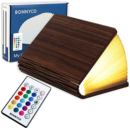 BONNYCO Buchlampe Holz mit Farbwechsel 16 Farben und Timer LED Buchlampe Geschenk für Frauen und Männer zum Geburtstag Weihnachten | Kleine Lampe Deko Wohnzimmer Schlafzimmer Zimmer | Buch Lampe