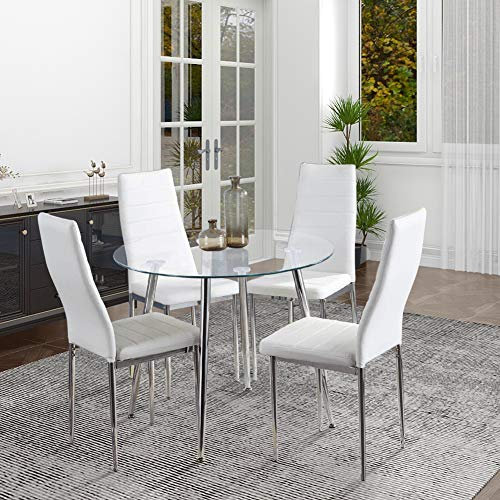 GOLDFAN Esstisch mit 4 Stühlen Esstisch Rund Glas Küchentisch Esszimmerstuhl aus Leder für Esszimmer Wohnzimmer, Weiß