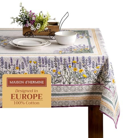 Maison d' Hermine Tischdecke, rechteckig, 100 % Baumwolle, wiederverwendbar, dekorativ für Esszimmer, Bauernhaus, Zuhause, Party, Festlich und Hochzeit, Frühling, Sommer, 137 x 183 cm, Lavendel