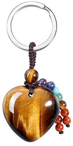 MANIFO Natural Tiger Eye Heart Crystal Keychain 7 Chakra Healing Gemstone Key Ring Charm for Women