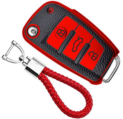KASER Coque Clé en Silicone Compatible pour Audi A1 A2 A3 A4 A5 A7 Q1 Q3 Q5 TT Etui Porte-clés Effet Cuir Protection Télécommande Voiture (Rouge)