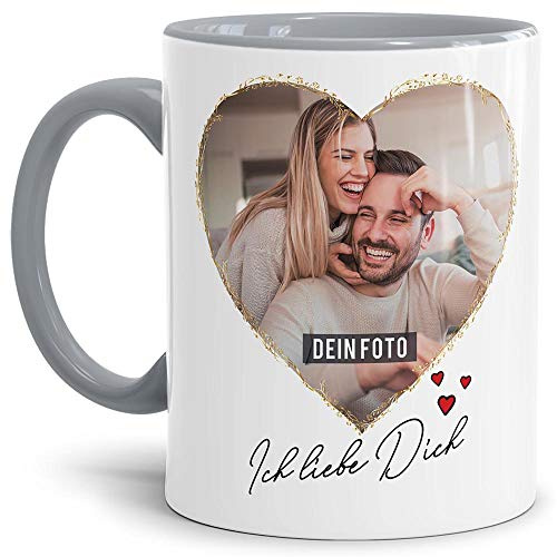Tasse mit Spruch - Ich liebe Dich - zum Selbst gestalten mit zwei Fotos in Herzform - Geschenkidee für den Partner, Innen & Henkel Grau, 300 ml