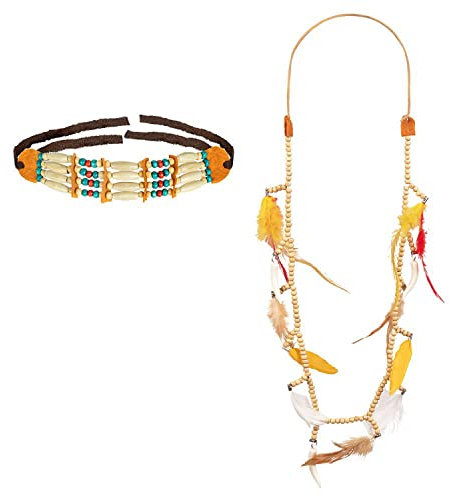 Boland 44152 - Kostüm-Set Indianerin, Choker und Halskette mit Federn und Perlen, Squaw, Häuptling, Mode-Schmuck, Karneval, Mottoparty