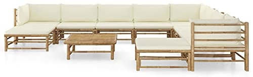 Susany Gartenmöbel 11-TLG.Garten-Lounge-Set mit Cremeweißen Kissen Garten Garnitur Sitzgruppe Sofa Gartensofa Lounge Sitzgarnitur Gartenset Ecksofa Mittelsofa Fußhocker Bambus