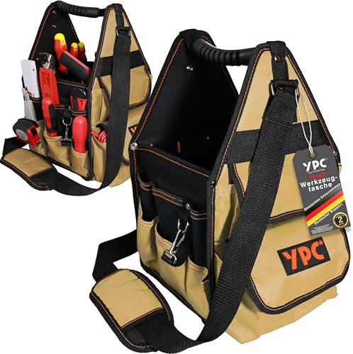 YPC Henchman Werkzeugkorb L – Offene Werkzeugtasche mit stabilem Boden, Wasserfest, Reißfest, Schultergurt mit Polster und Kunststoff-Handgriff, 15 Taschen, Sand-Schwarz, 46x23x23cm, 10 kg Tragkraft