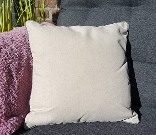 Kissen 45x45 cm Outdoor mit Keder & Füllung - Premium Olefin Lounge Stoff - Garten Dekokissen - Wasser- & Schmutzabweisende Beschichtung - Öko Tex 100 - UV Schutz (Natur mit Keder in Grau)
