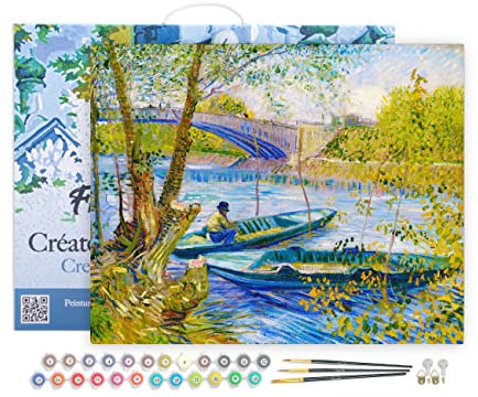 Figured'Art Malen Nach Zahlen Erwachsene Mit Rahmen Angler und Boote an der Pont de Clichy - Van Gogh - Paint by Numbers Basteln DIY Bastelset 40x50cm Leinwand gespannt auf Holzrahmen