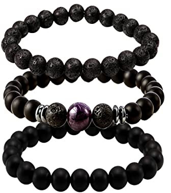 Eigso 3 Pcs Ebenholz Holzperlen Armbänder für Frauen Männer Unisex Lava Rock Armbänder für Mann Frau