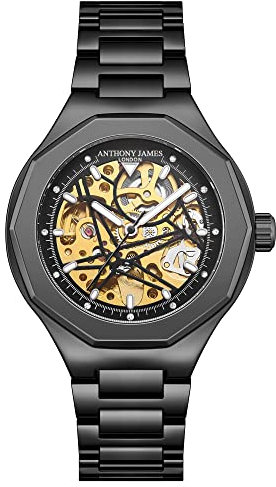 Anthony James Skelett-Zifferblatt, Sport-Armbanduhr, Herren, handmontiert, Wasser- und Kratzfest, 21 Juwelen-Armbanduhr mit geometrischer Lünette, analoge Sportuhren für Herren – Schwarz