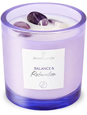 JuwelKerze Edelstein Kerze Balance & Relaxation - 60 Std - Kerze mit Amethyst Stein - große Duftkerze mit Würzigem und Orientalischem Duft - Kerze mit Kristall Deko - Geschenke für Frauen, Geburtstag