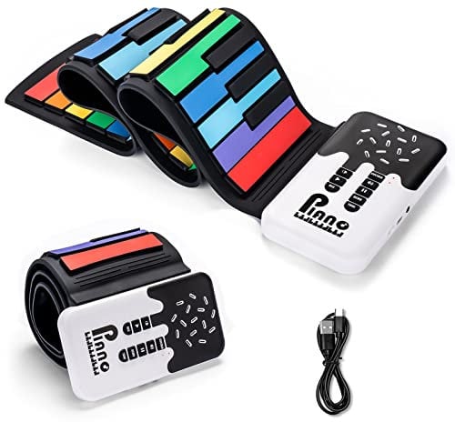 POGOLAB 49 Tasten Roll up Faltbares Piano Klavier für Anfänger, Regenbogen Electronic Keyboards mit 8 Töne 6 Demos, Wiederaufladbar Silikon Mini Klavier mit Aufnahme Monitor modus