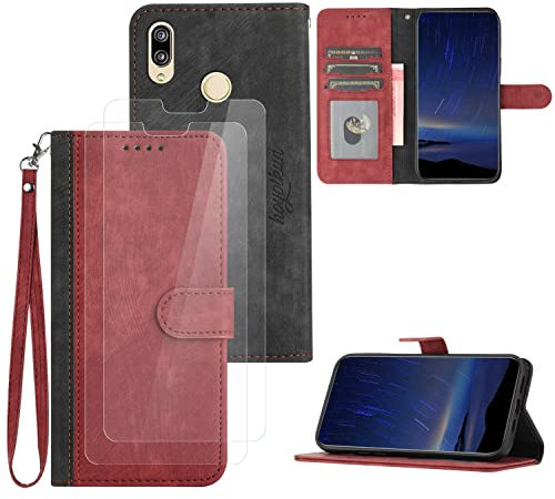 Hoyoikun Flip Custodia in Pelle PU Premium per Huawei P20 Lite+(2 Pezzi Vetro Temperato).Custodia Sottile in Pelle per Telefono,Premium PU/TPU,Supporto Stand,Chiusura Magnetica viola-rosso