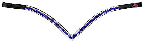 Start Woden Stirnriemen Pferd Glitzer, Stirnband Leder Diamond Pferdestirnband Pferdeschmuck geschwungen für Trense, Stirnriemen für Pferde Größe Warmblut, Vollblut und Pony (Cob, Schwarz/Blue)