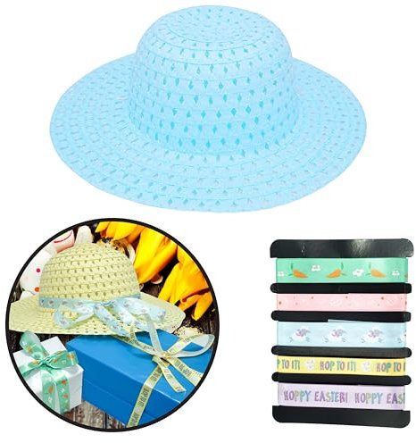 SRV Hub Kit de 6 piezas para hacer capó de Pascua, cinta impresa con huevos de Pascua, sombrero de paja, haz tu propio sombrero de capó de Pascua