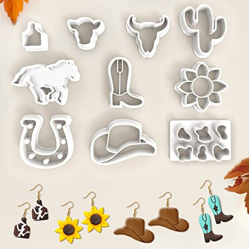 Tuitessine Kit de 10 emporte-pièces en polymère pour la fabrication de boucles d'oreilles - Vache occidentale, taureau, crâne, cactus, tournesol, gaufrage de forme de cowgirl, chapeau de cow-boy,