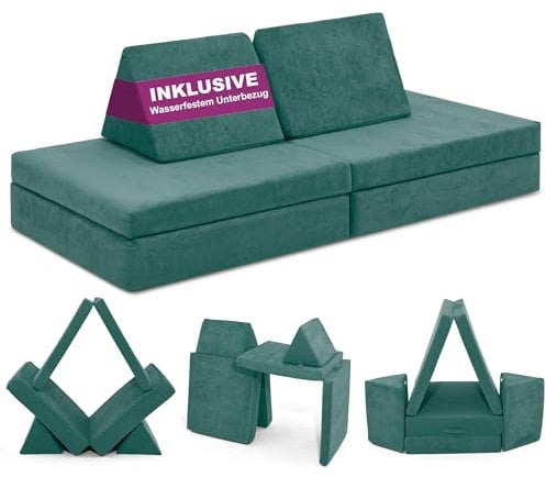 Linodino® Spielsofa | Kindersofa aus Schaumstoff Bausteine - Spielsofa für Kinder & Kuschelecke im Kinderzimmer [OHNE Harte Teile] 10 Farben zur Wahl | Urwald Grün