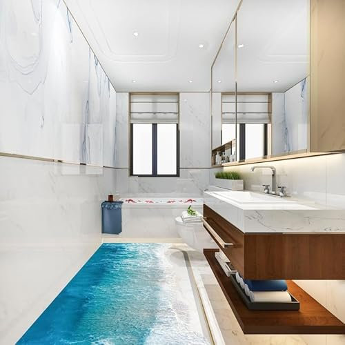 3D Ozean Strand Boden Badezimmer Aufkleber Meer Vinyl Aufkleber Bad Dusche Bodenbelag Dekor Wasserdicht Badewanne Wandbild Boden Kunst (42 x 120 cm)