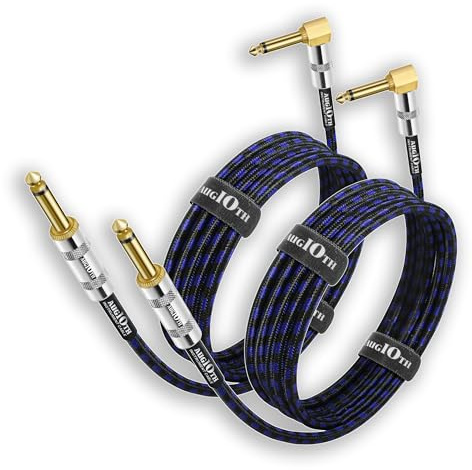 Augioth Guitar Cable 2Meter 2 Pack, Electric Instrument Bass Cable AMP Cord 1/4 Straight to Angled Dark Blue Tweed