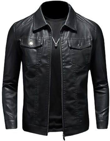 ZFBAOJT Giacca da motociclista nera da uomo, in ecopelle, stile vintage, casual, leggera, nero, Large