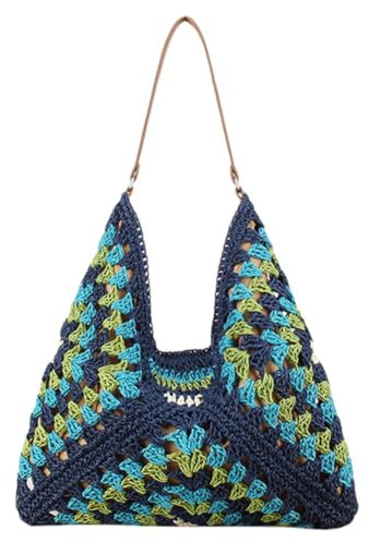 GSenhui Bolsa de paja para mujer, bolso de playa bohemio, bolso de paja, bolso de mano para mujer, bolso de rafia de verano, bolsas de mimbre de paja para playa, piscina, trabajo, azul A03.