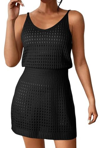 YCBMINGCAN 2024 Frauen Sommer Strand Abdeckungen Hohl Casual Outwear Frauen Gestrickte Hohl Bademode Abdeckungen Strand Gadgets Urlaub (Black, L)