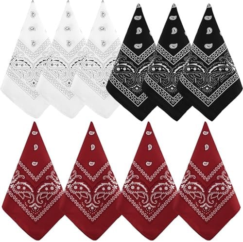 NACHLYNN 10 Stück Paisley-Bandanas, verschiedene Bandanas, Cowboy-Stirnbänder aus Polyester, quadratischer Schal, Kopfbedeckung (10, Burgunderrot, Weiß, Schwarz)