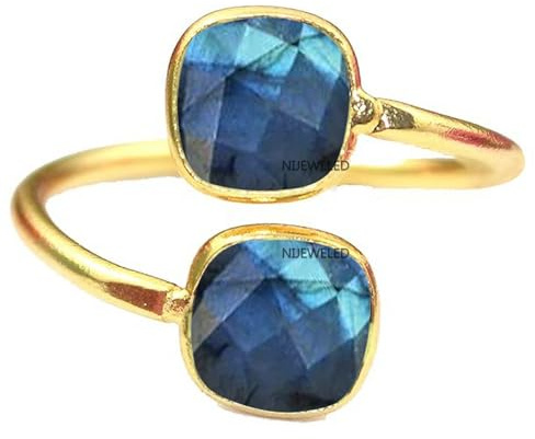 18K Yellow Gold Over 925 Sterling Silver Stylish Statement Ring for Women & Girl, Gemstone Dainty Ring, Fine Jewelry Christmas Gift (Adjustable upto Size 9 to Size 12, Labradorite)