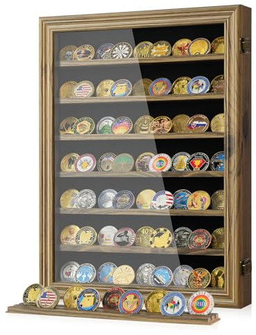 7 Reihen Militärische Herausforderung Münzhalter Vitrine mit HD Hartglas - Hält 100 Münzen, Medaillen-Vitrine, Schattenbox für Casino Pokerchips, Abnehmbare 2-Rillen-Regale, Rustikales Holz