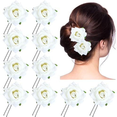 Lawie Lot de 10 épingles à cheveux colorées en forme de rose rouge en forme de U pour mariage, bal de fin d'année, fête, accessoires de cheveux pour femmes, filles, mariées, demoiselles d'honneur