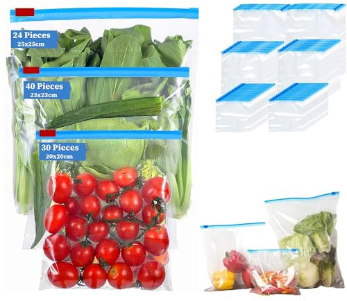 BLISSMART 94 pcs Reusable Freezer Bags Zip Lock Bags Transparent Sandwich Bags Seal Lock Food Storage Snacks Fruits & Freezing Leakproof & Resealable Plastic Bags Assorted Pack