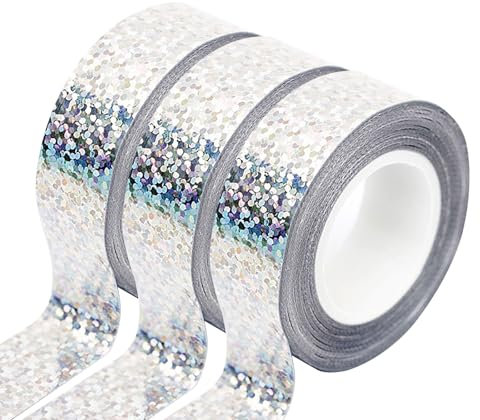3 Rolls Holographic Glitter Washi Tape 15mm*5m Laser Decorative Tapes Self Adhesive Masking Tape for DIY Crafts Wrapping, Silver