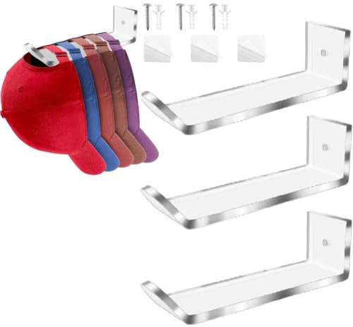 Sturdy Acrylic Wall Mounted Hat Hook,Baseball Hat Organizer,Strong Adhesive Hat Rack,Multi-Purpose Hat Holder,Acrylic Hat Organizer,Sticky Hat Storage for Baseball Cap,Cap Organizer Hat Hooks (3pcs)