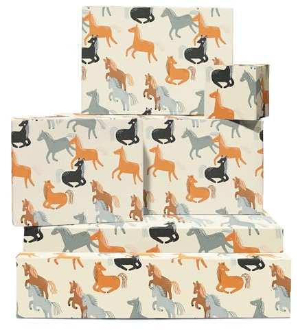 Geschenkpapier Pferde – 6 Bögen Geschenkpapier – braune graue schwarze Pferde – Geschenkpapier Bauernhoftieren für Männer, Frauen, Kinder – mit Aufklebern – von Central 23