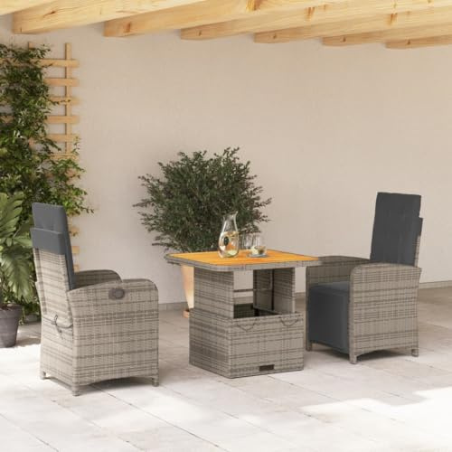IKAYAA Rattan Essgruppe für 2 Personen, Rattan Gartenmöbel Essgruppe, Gartenmöbel Set mit Verstellbare Tisch und 2 Verstellbare Hochlehner Stühlen, Garten Sitzgruppe inkl. Sitzkissen Grau Type-2