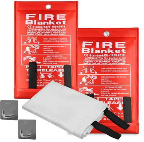 2 Pack Fire Blanket 1m X 1m,Emergency Fire Blanket for Kitchen Quick Unfolding Fiberglass Flame Retardant W/Hooks Fire Blankets, Heavy Duty Fire Suppression Blankets for Home, Office & Caravan