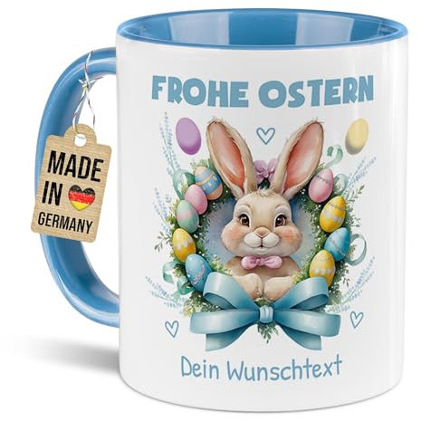 Tassendruck Personalisierte Ostertasse mit Name selbst gestalten - Frohe Ostern - Hase mit Osterkranz - Ostergeschenke für Freundin, Kollegin - Keramiktasse, 300 ml, Innen & Henkel Hellblau