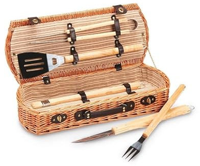 Avilia Borsa Porta Attrezzi Barbecue in Vimini – Set Barbecue Portatile con 5 Accessori in Valigetta, Kit per Barbecue da Campeggio, Attrezzi BBQ da Viaggio e Picnic Outdoor