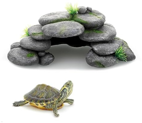 Bebochoi Aquarium Höhle, Aquarium Deko Groß, Rock Cave Dekoration mit Grün Gras, Schildkröten Zubehör, für Fische Garnelen Verstecken Dekoration Harz Zubehör, 23 x 12.5 x 7.5 cm