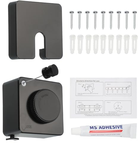 sourcing map Corde à linge rétractable pour intérieur, 4,2 m - Ne s'affaisse pas - Rétractable - En acier robuste - Pour balcon, cour - Noir - 8,9 x 8,9 x 4,1 cm