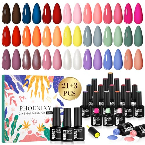 PHOENIXY Gel Nail Polish Set, 24PCS Gel Nail Polish | 21 Colours Gel Polish Set, All Seasons Pink Peach Blue Nail Polish, Glossy Matte Top Coat, DIY Nail at Home Gift for Women