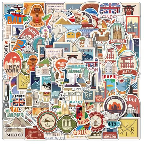 Travel Scrapbook Stickers Adults, 100 Pcs Travel Map Country StickerSet, World Travel Stickers, Waterproof Vintage City Landmark Vinyl Decals for Scrapbook Water Bottle Laptop Travel Journal Luggage