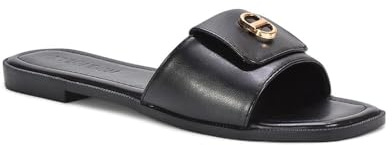 ESSEX GLAM Women's Flat Slider Ladies Flat Open Toe Foldover Buckle Detail Black Summer Casual Comfy Slip On Mule Size 8