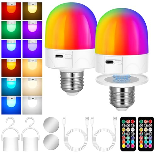 AUAUY E27 Wiederaufladbare Glühbirne mit Fernbedienung, 3W Akku-Glühbirne | mit Abnehmbarem Magnetsockel, 9 RGB-Farben, 3 Farbtemperaturen Dimmbar und Zeitgesteuert mit Haken für Zimmer, Camping,2 Pack