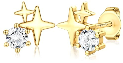 JeweBella Sterling Silver Earrings for Women Hypoallergenic 18K Gold Plated Stud Earrings Gold Jewellery Rose Gold Cubic Zirconia Heart/Star Dainty Earring Jewellery Gifts for Women Girls