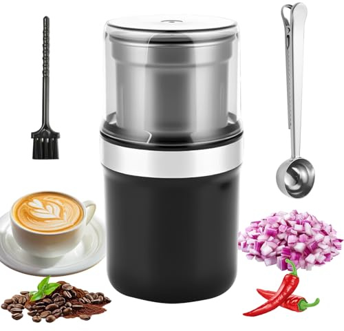 Bizcasa Kaffeemühle Elektrisch mit Abnehmbarer Edelstahlbehälter, Elektrische Kaffeemühle und Gewürzmühle, 100g Füllmenge, 200W Kaffeebohnenmühle elektrisch für Gewürze, Zucker, Nüsse Mit Löffel (A)