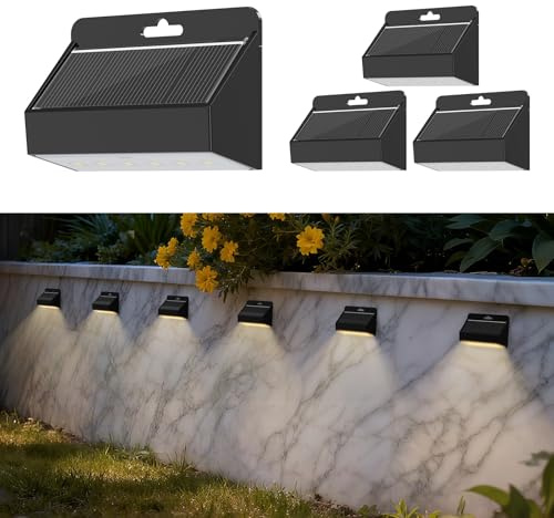 Smiling Shark Solarleuchten für Außen, 4 Stück LED Solar Wandleuchte Aussen IP65 Wasserdichte Wandlampe Solar Zaunleuchten für Garten Stufen Zäune Geländer Terrasse Balkon Treppen, Warmweiß